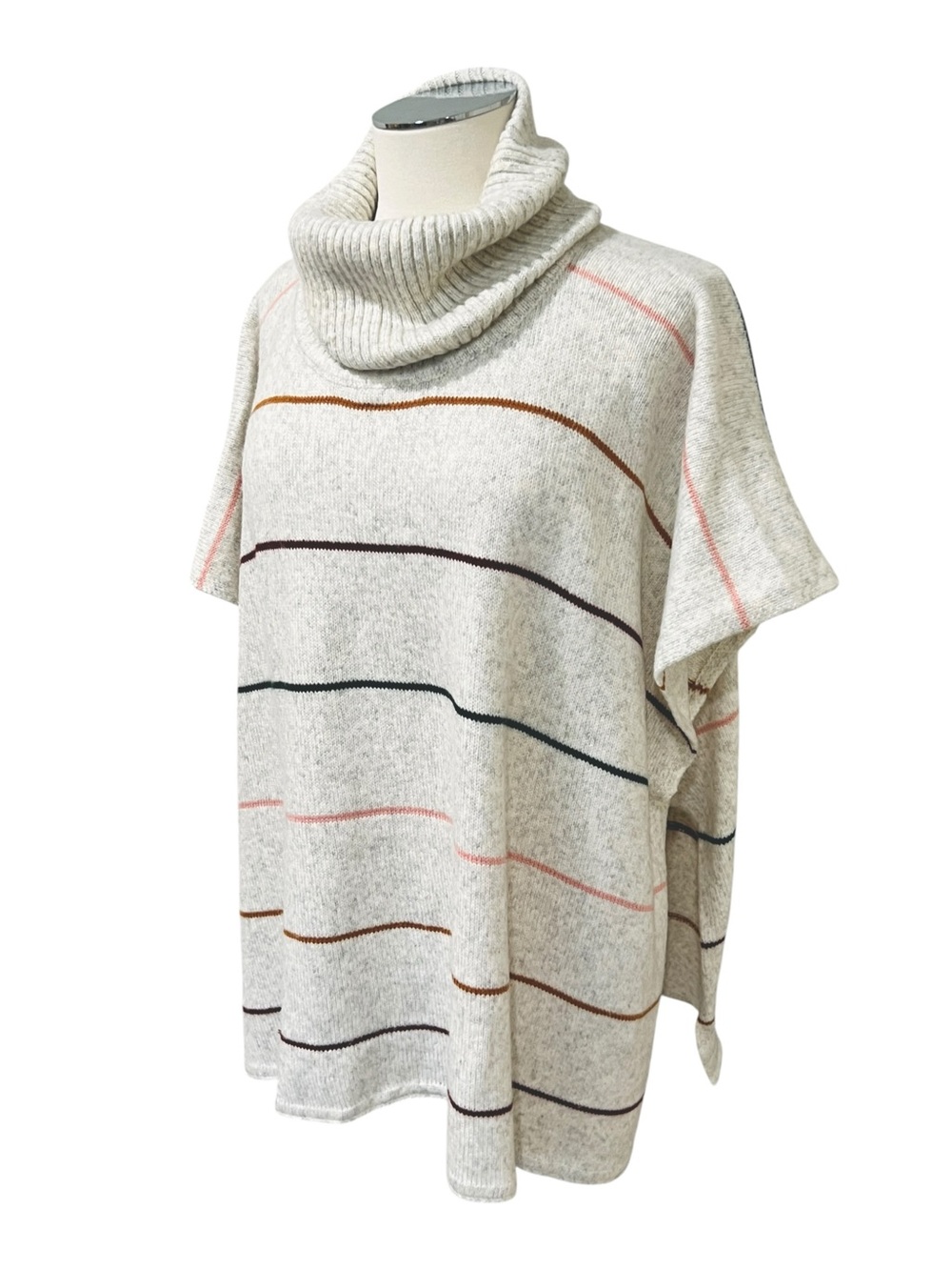 LOFT Cream Oversized Cowl-Neck Striped Poncho Sweater Wool Blend XS/ S